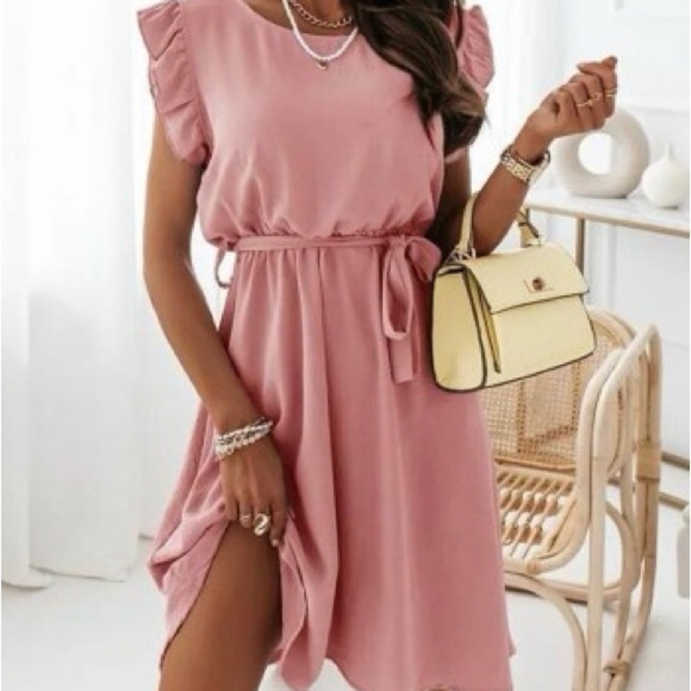 Dusty Pink Mini Sundress with Flutter Sleeves and Crew Neck